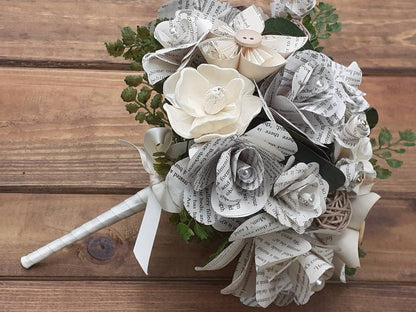 Rustic Book Page Bridal Bouquet, Sola Wood Flower Wedding Bouquet, Country Wedding Flowers , Farmhouse Rustic Bride, Keepsake Bouquet