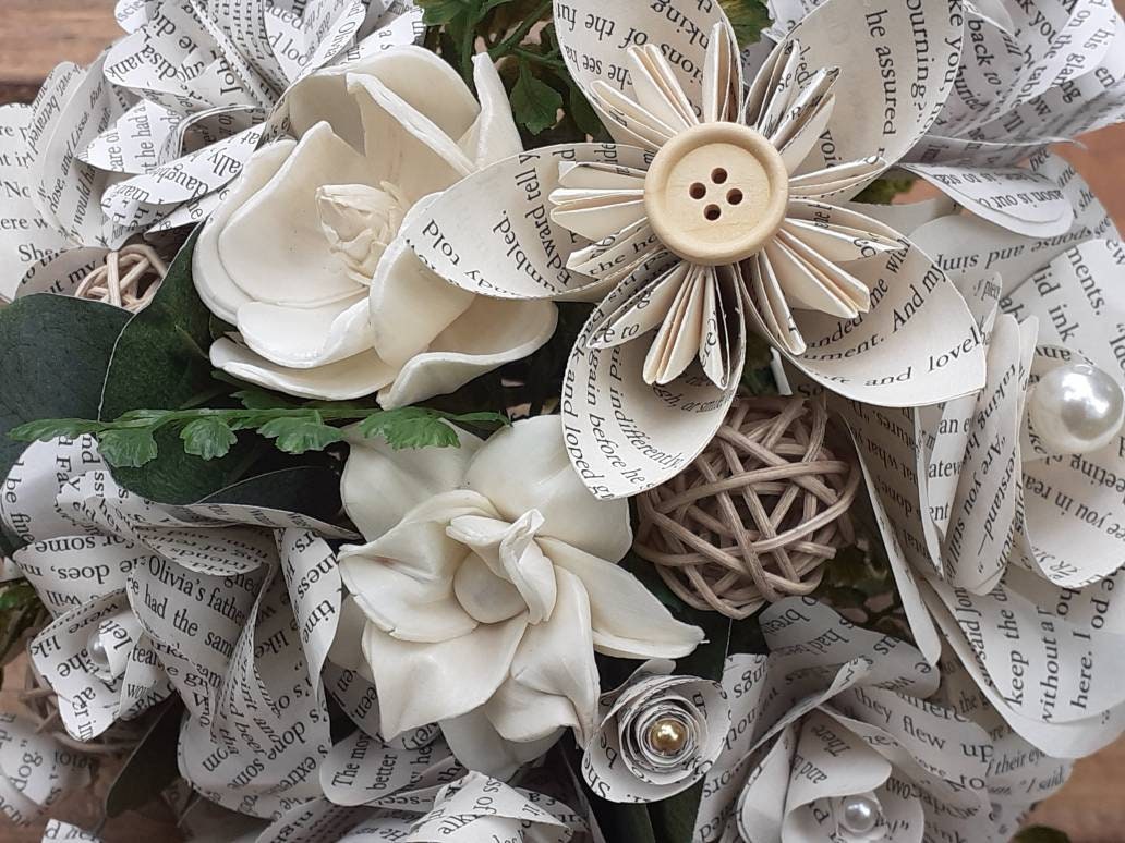 Rustic Book Page Bridal Bouquet, Sola Wood Flower Wedding Bouquet, Country Wedding Flowers , Farmhouse Rustic Bride, Keepsake Bouquet