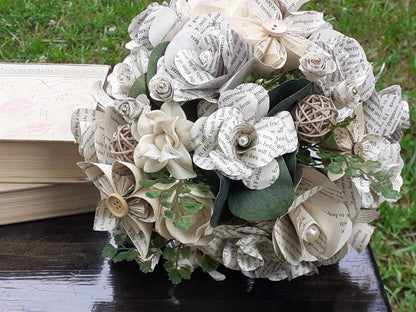 Rustic Book Page Bridal Bouquet, Sola Wood Flower Wedding Bouquet, Country Wedding Flowers , Farmhouse Rustic Bride, Keepsake Bouquet