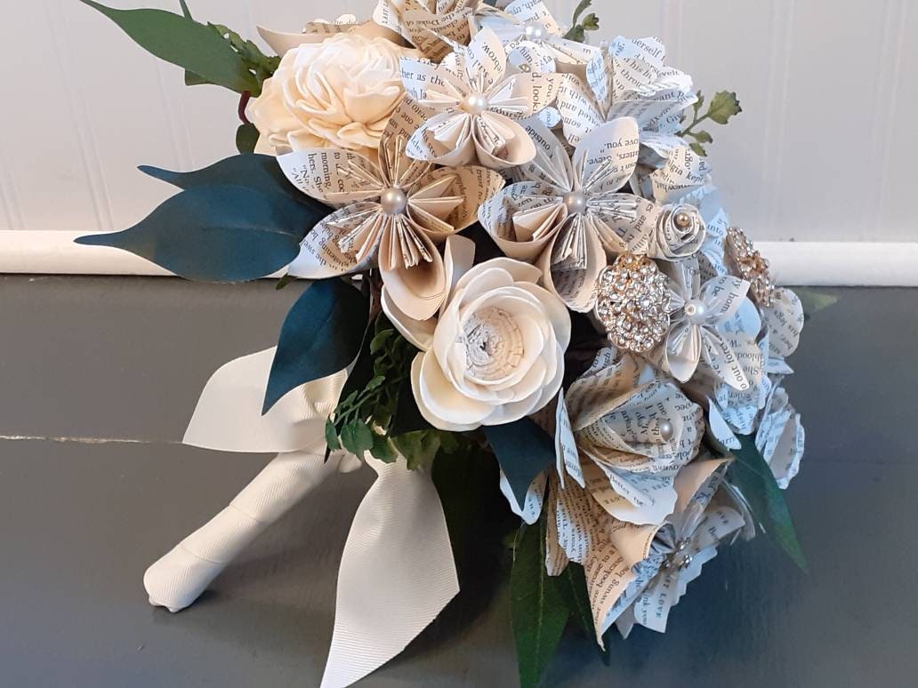 Book Page Flower Bridal Bouquet: Sola Wood Flowers & Brooches