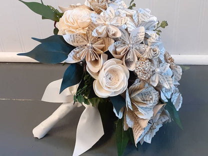 Book Page Flower Bridal Bouquet: Sola Wood Flowers & Brooches