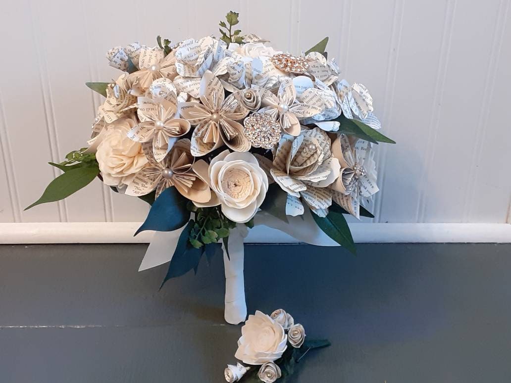 Book Page Flower Bridal Bouquet: Sola Wood Flowers & Brooches