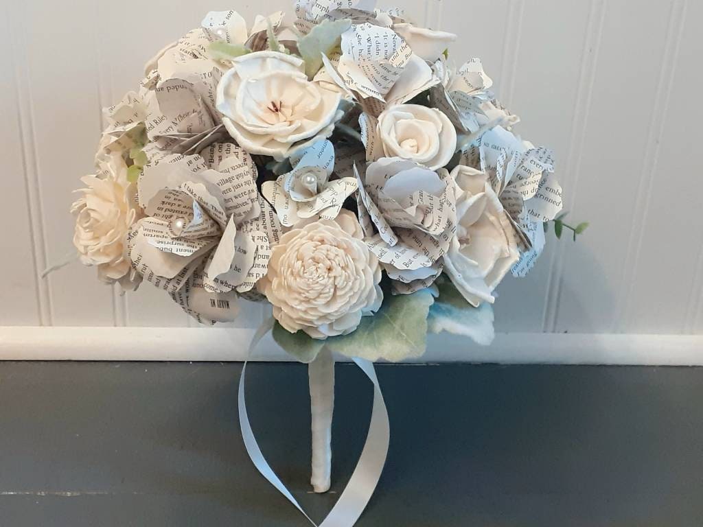 Book Page and Sola Wood Flowers, Wedding Bouquet & Boutonniere, Literary Bridal Bouquet, Book Lover Wedding Flowers, Rustic Wedding Bouquet