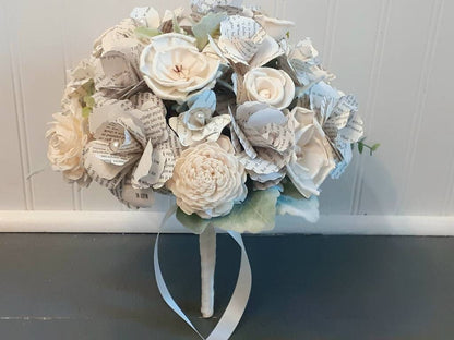 Book Page and Sola Wood Flowers, Wedding Bouquet & Boutonniere, Literary Bridal Bouquet, Book Lover Wedding Flowers, Rustic Wedding Bouquet