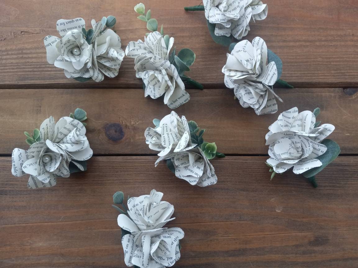 Book Page Flower Boutonniere, Double Bloom Boutonniere, Book Lover Wedding Boutonniere, Literary Wedding, Paper Flower Groom Boutonniere