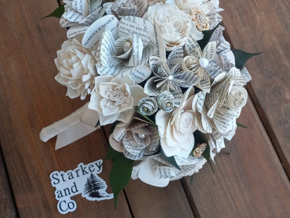 Book Page Flower Bridal Bouquet: Sola Wood Flowers & Brooches