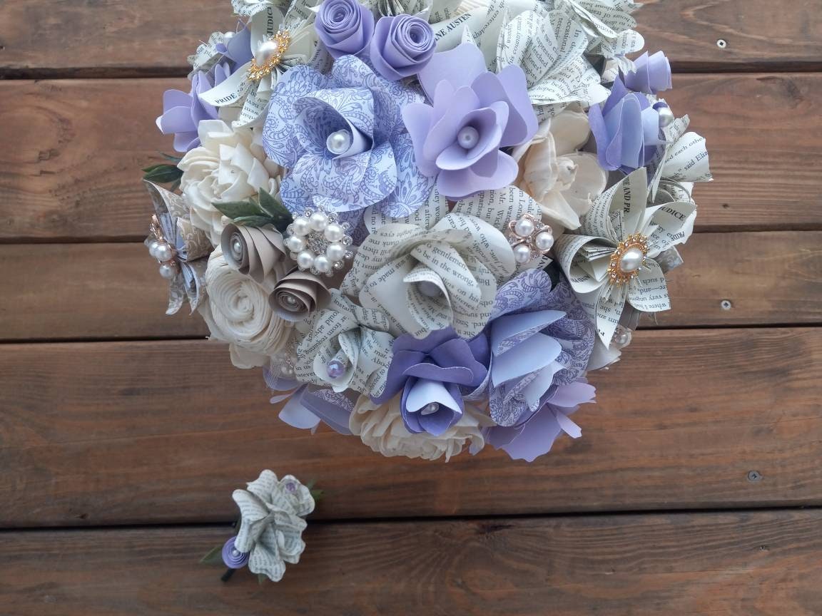 Soft Purple, Lavender, Ivory Bridal Bouquet & Boutonniere, Book and Sola Wood Flower Bridal Bouquet, Romantic Keepsake Wedding Bouquet