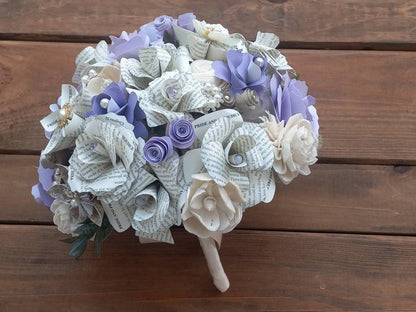 Soft Purple, Lavender, Ivory Bridal Bouquet & Boutonniere, Book and Sola Wood Flower Bridal Bouquet, Romantic Keepsake Wedding Bouquet