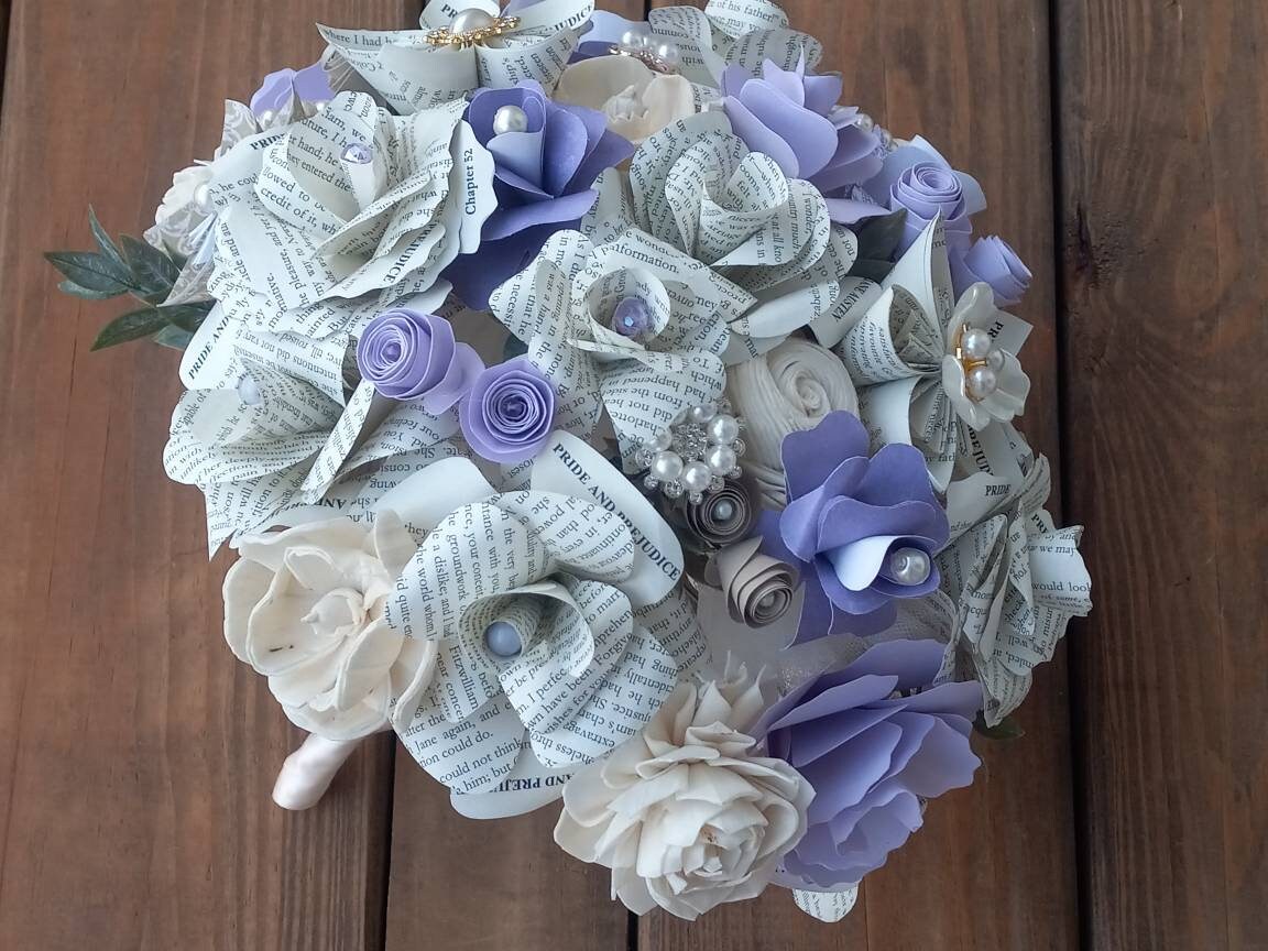 Soft Purple, Lavender, Ivory Bridal Bouquet & Boutonniere, Book and Sola Wood Flower Bridal Bouquet, Romantic Keepsake Wedding Bouquet