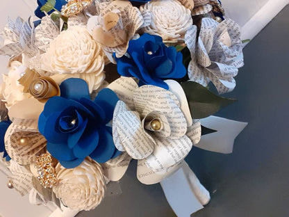 Wedding Bouquet w/ Pride and Prejudice Book Page Flowers, Jane Austen Wedding Theme, Bouquet accented w/ Brooches, Vintage Style Bride