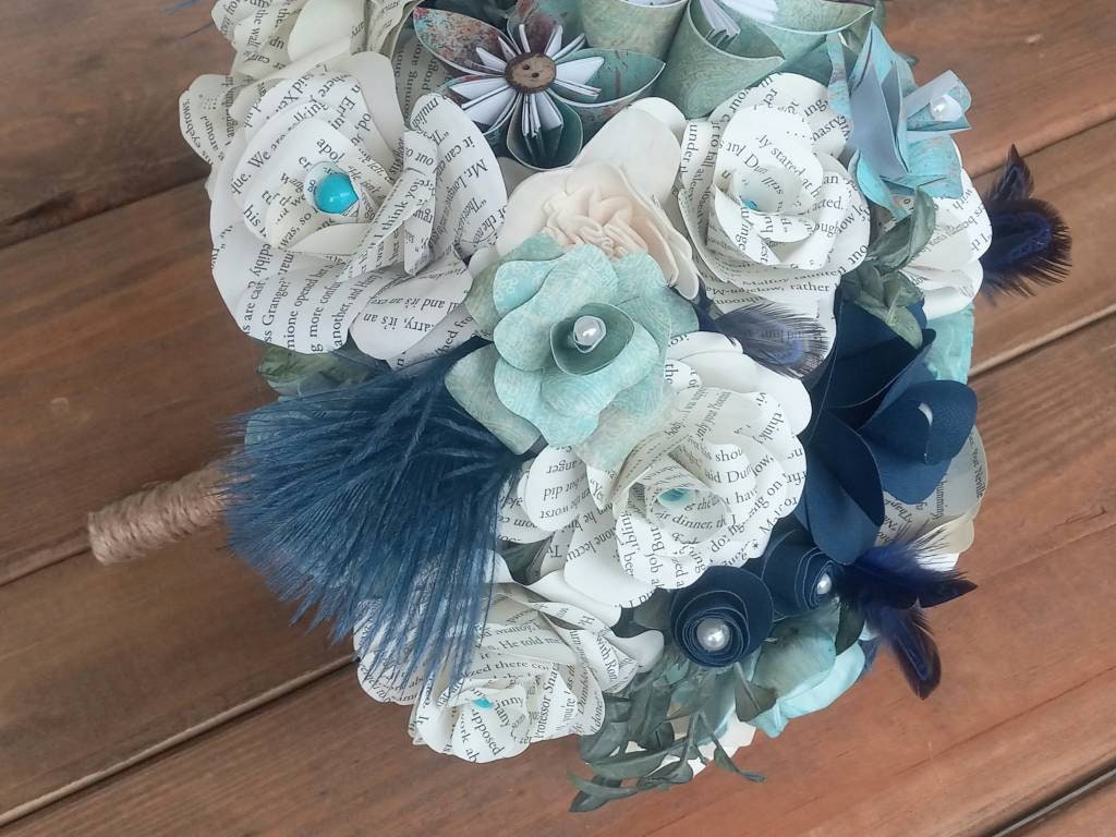 Storybook and Boho Inspired Brides Bouquet with a matching Boutonniere in Shades of Blues