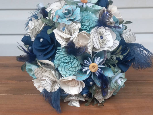 Storybook and Boho Inspired Brides Bouquet with a matching Boutonniere in Shades of Blues