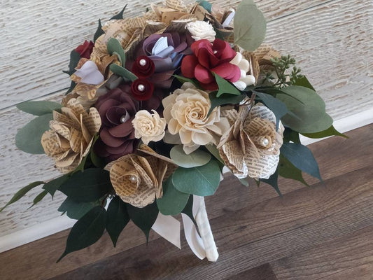 Storybook Theme Rustic Brides Bouquet with a matching Boutonniere in Shades of Red, Deep Red and Burgundy