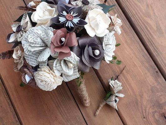 Storybook and Rustic Inspired Brides Bouquet and a matching Boutonniere in Shades of Brown
