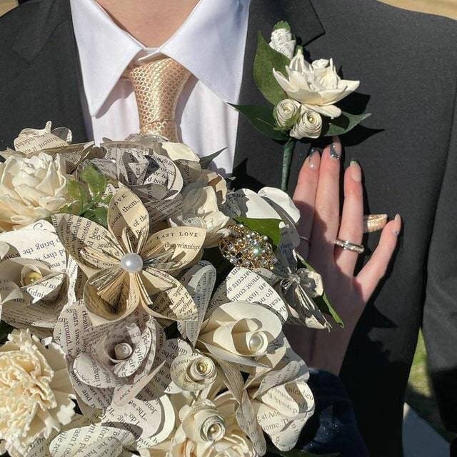 Book Page Flower Bridal Bouquet: Sola Wood Flowers & Brooches