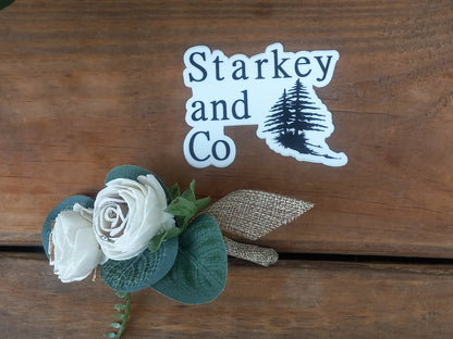 Sola Wood Flower Wedding Bouquet accented with Cotton & Boutonniere. Sola Wood Flower Brides Bouquet and Grooms Boutonniere