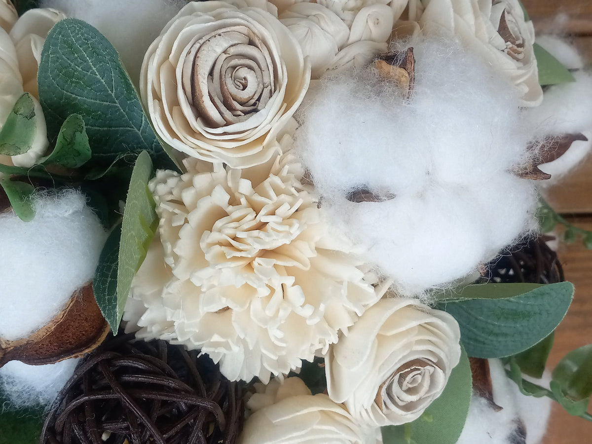 Sola Wood Flower Wedding Bouquet accented with Cotton & Boutonniere. Sola Wood Flower Brides Bouquet and Grooms Boutonniere