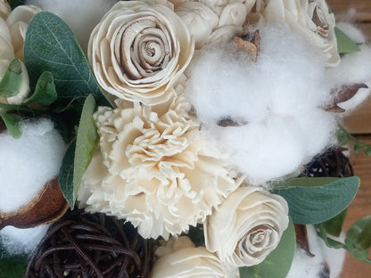 Sola Wood Flower Wedding Bouquet accented with Cotton & Boutonniere. Sola Wood Flower Brides Bouquet and Grooms Boutonniere