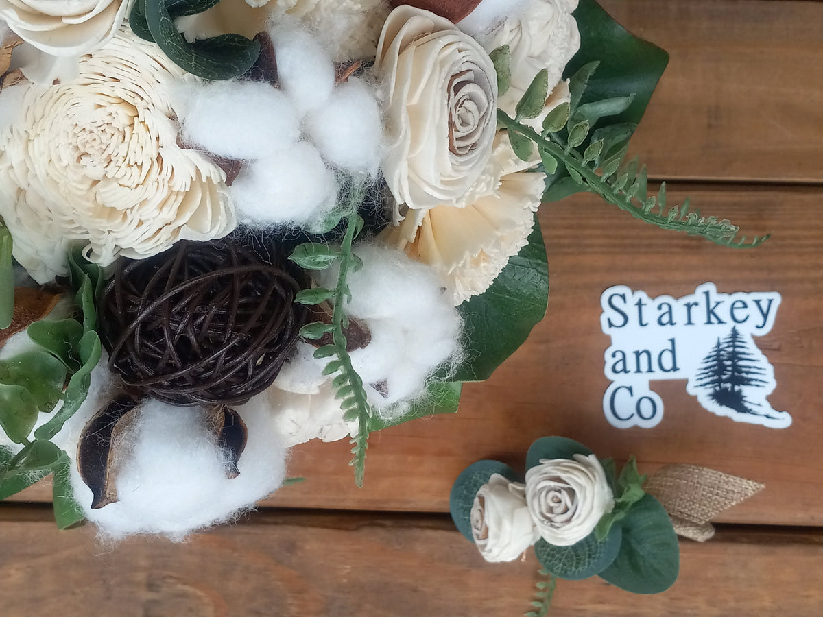 Sola Wood Flower Wedding Bouquet accented with Cotton & Boutonniere. Sola Wood Flower Brides Bouquet and Grooms Boutonniere
