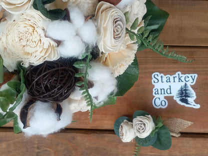 Sola Wood Flower Wedding Bouquet accented with Cotton & Boutonniere. Sola Wood Flower Brides Bouquet and Grooms Boutonniere