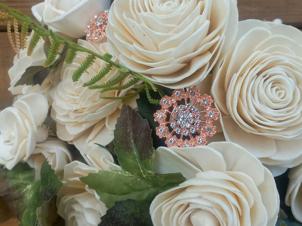 Ivory Sola Wood Bridal Bouquet with Rose Gold Rhinestone Brooches & Boutonniere READY TO SHIP