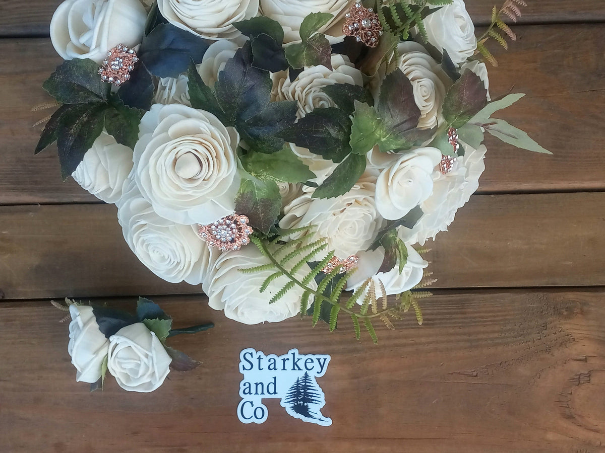 Ivory Sola Wood Bridal Bouquet with Rose Gold Rhinestone Brooches & Boutonniere READY TO SHIP