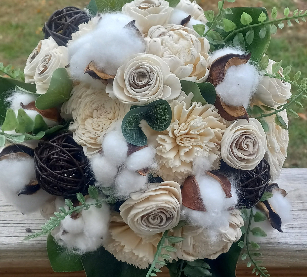 Sola Wood Flower Wedding Bouquet accented with Cotton & Boutonniere. Sola Wood Flower Brides Bouquet and Grooms Boutonniere