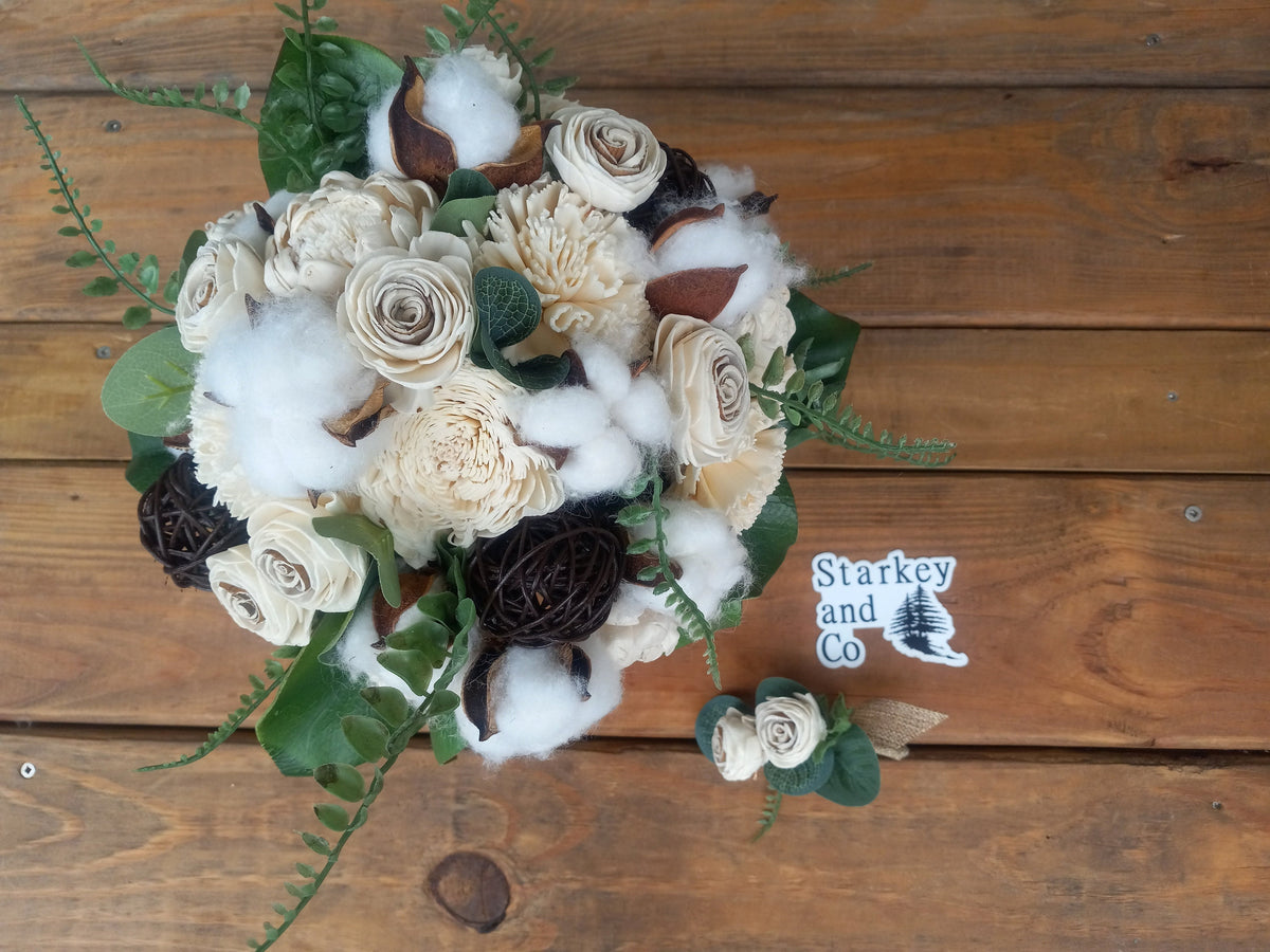 Sola Wood Flower Wedding Bouquet accented with Cotton & Boutonniere. Sola Wood Flower Brides Bouquet and Grooms Boutonniere