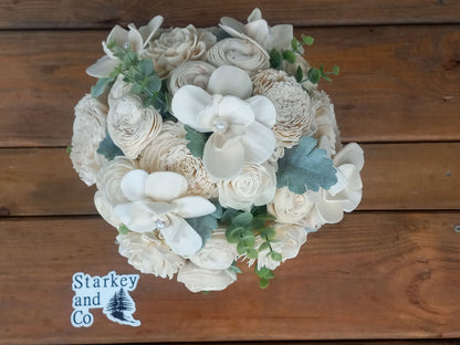 Phalaenopsis Orchid Wedding Bouquet: Sola Wood Flower Bridal Bouquet with Boutonniere