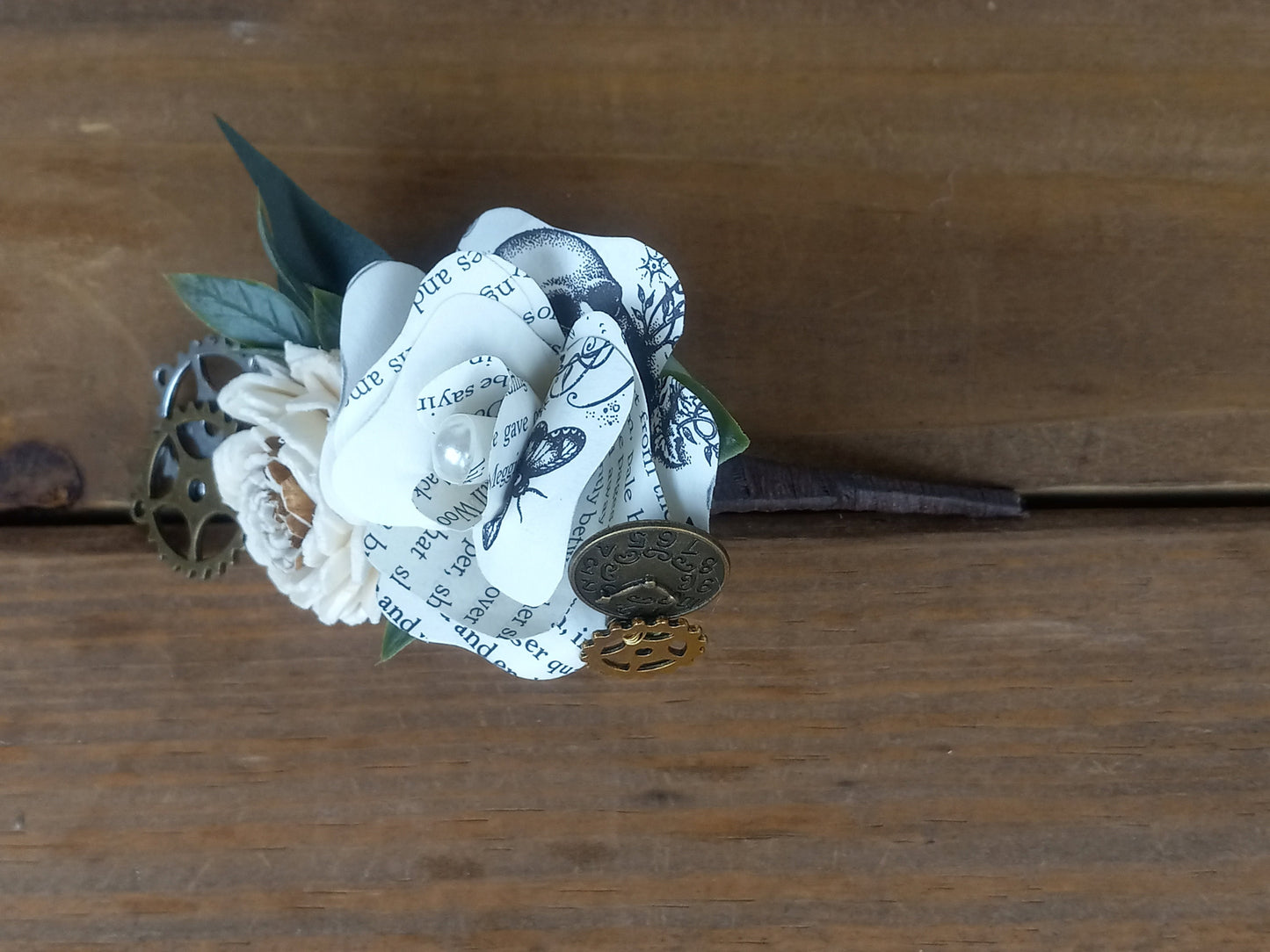 Storybook Theme Steampunk Brides Bouquet with a matching Boutonniere