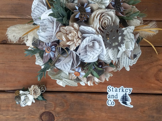 Storybook Theme Steampunk Brides Bouquet with a matching Boutonniere