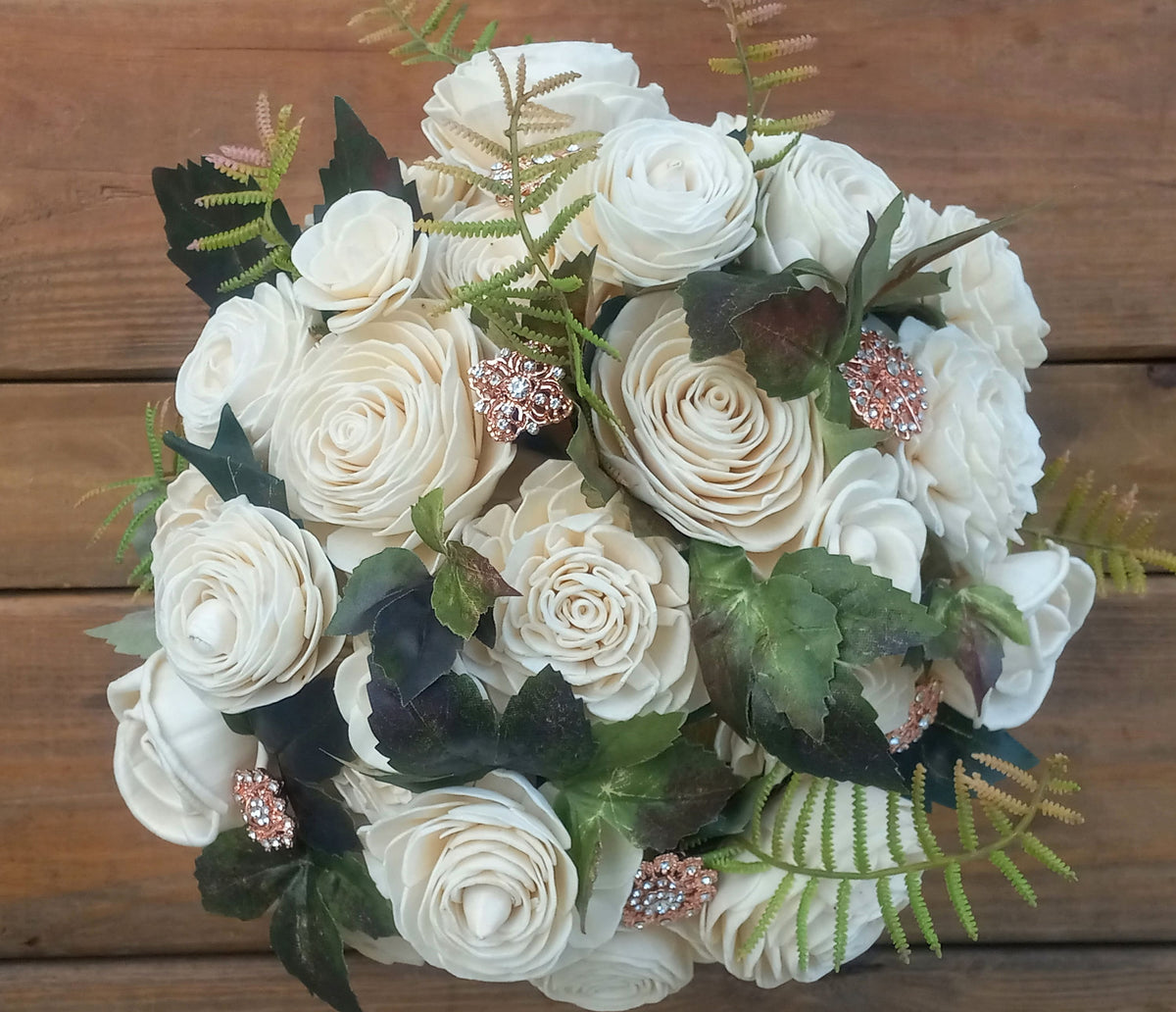Ivory Sola Wood Bridal Bouquet with Rose Gold Rhinestone Brooches & Boutonniere READY TO SHIP