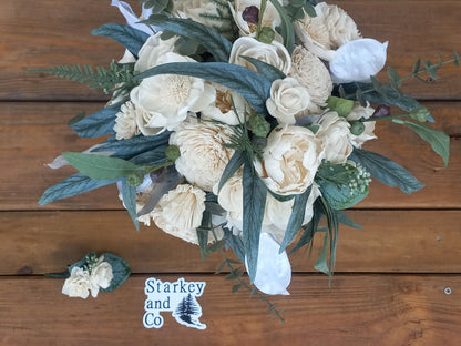Ivory Sola Wood Flower Wedding Bouquet with Boutonniere