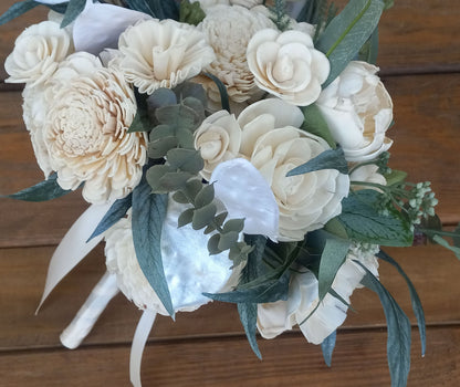 Ivory Sola Wood Flower Wedding Bouquet with Boutonniere- READY TO SHIP