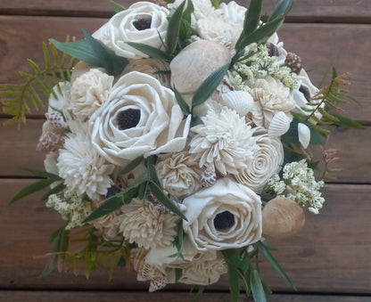 Seashell Wedding Bouquet with Boutonniere: Sola Wood Flower Keepsake.  Sola Wood Flower Brides Bouquet and Grooms Boutonniere