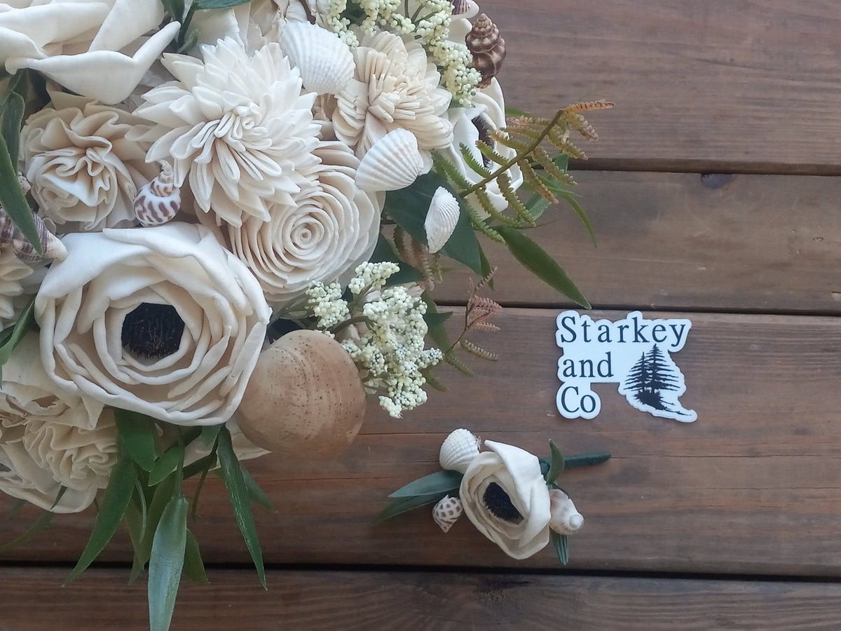 Seashell Wedding Bouquet with Boutonniere: Sola Wood Flower Keepsake.  Sola Wood Flower Brides Bouquet and Grooms Boutonniere
