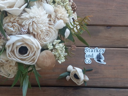 Seashell Wedding Bouquet with Boutonniere: Sola Wood Flower Keepsake.  Sola Wood Flower Brides Bouquet and Grooms Boutonniere