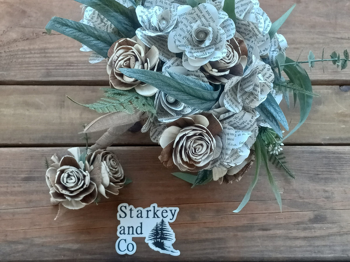 Literary Wedding Bouquet: Book & Sola Wood Flowers, Rustic Bridal Bouquet. Book and Sola Wood Flower Brides Bouquet and Grooms Boutonniere