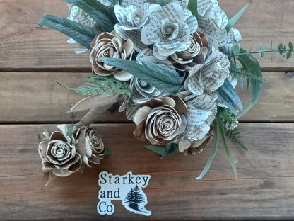 Literary Wedding Bouquet: Book & Sola Wood Flowers, Rustic Bridal Bouquet. Book and Sola Wood Flower Brides Bouquet and Grooms Boutonniere
