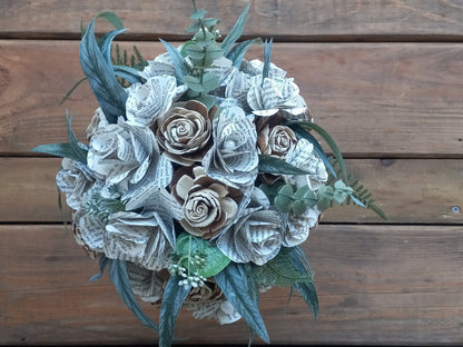 Literary Wedding Bouquet: Book & Sola Wood Flowers, Rustic Bridal Bouquet. Book and Sola Wood Flower Brides Bouquet and Grooms Boutonniere