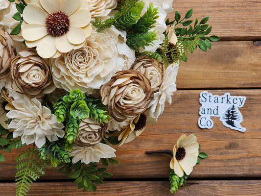 Brewery Inspired Sola Wood Flower Bouquet with Boutonniere. Sola Wood Flower Brides Bouquet and Grooms Boutonniere