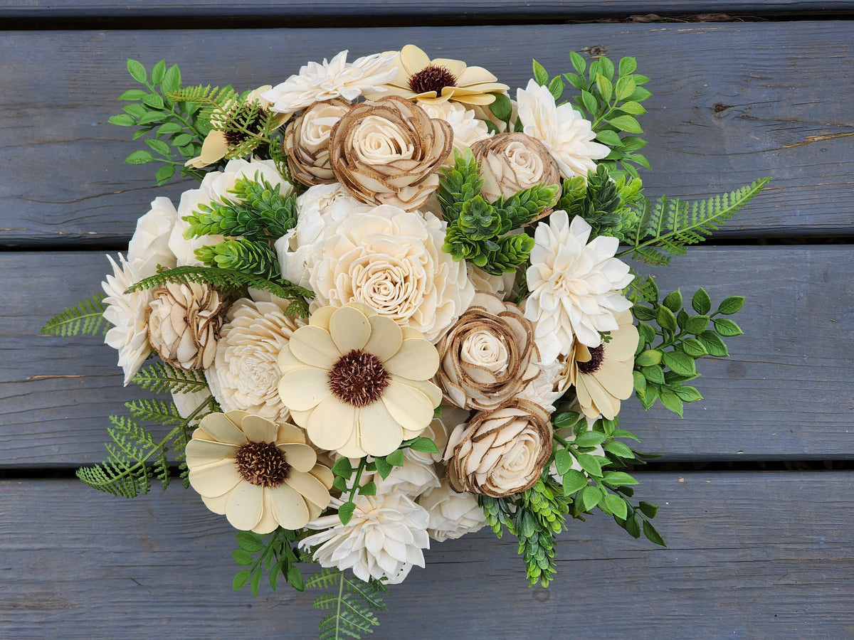 Brewery Inspired Sola Wood Flower Bouquet with Boutonniere. Sola Wood Flower Brides Bouquet and Grooms Boutonniere