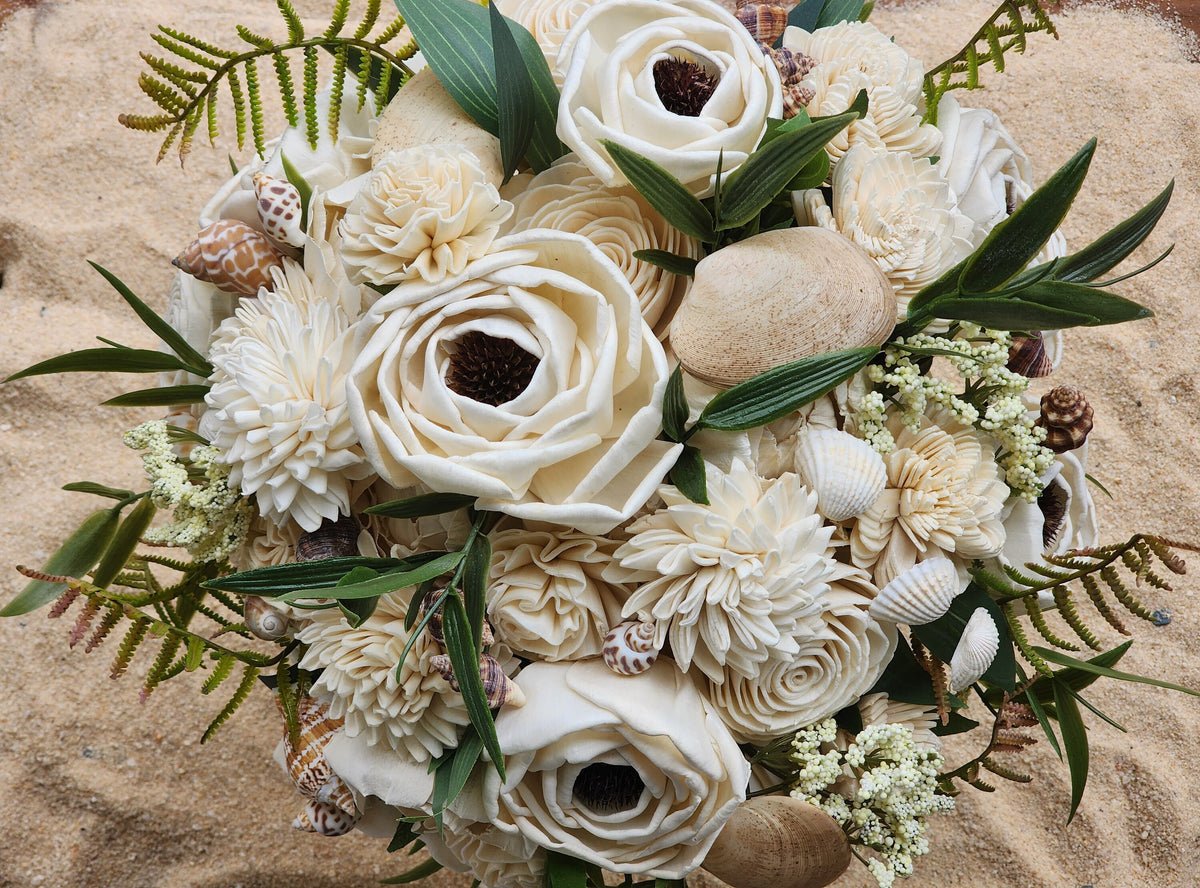 Seashell Wedding Bouquet with Boutonniere: Sola Wood Flower Keepsake.  Sola Wood Flower Brides Bouquet and Grooms Boutonniere