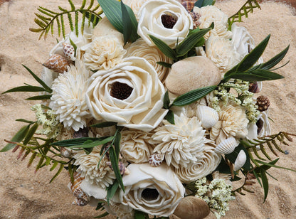 Seashell Wedding Bouquet with Boutonniere: Sola Wood Flower Keepsake.  Sola Wood Flower Brides Bouquet and Grooms Boutonniere