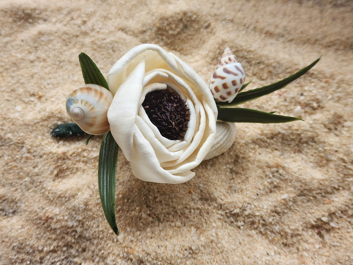 Seashell Wedding Bouquet with Boutonniere: Sola Wood Flower Keepsake.  Sola Wood Flower Brides Bouquet and Grooms Boutonniere