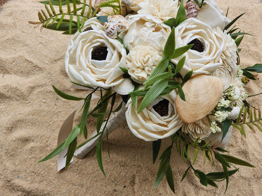 Seashell Wedding Bouquet with Boutonniere: Sola Wood Flower Keepsake.  Sola Wood Flower Brides Bouquet and Grooms Boutonniere