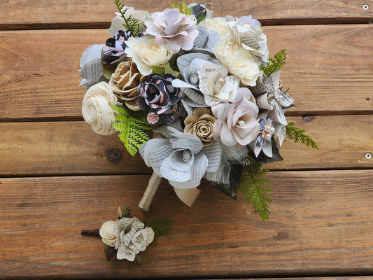 Storybook and Vintage Inspired Brides Bouquet and matching Boutonniere in Shades of Blush, Nude and Tan