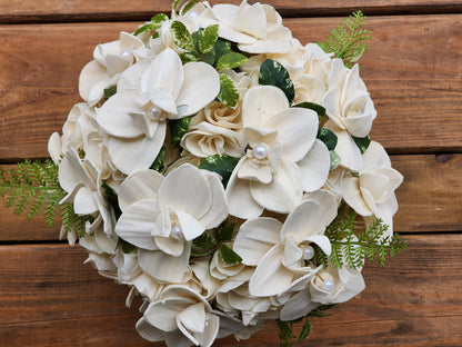 Phalaenopsis Orchid Wedding Bouquet with Boutonniere. Sola Wood Flower Brides Bouquet and Grooms Boutonniere