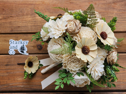 Brewery Inspired Sola Wood Flower Bouquet with Boutonniere. Sola Wood Flower Brides Bouquet and Grooms Boutonniere