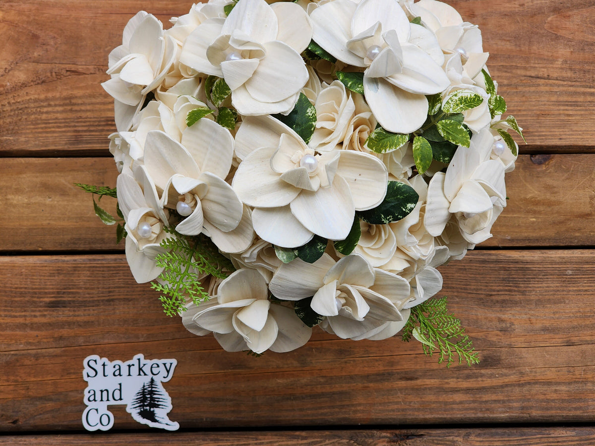 Phalaenopsis Orchid Wedding Bouquet with Boutonniere. Sola Wood Flower Brides Bouquet and Grooms Boutonniere